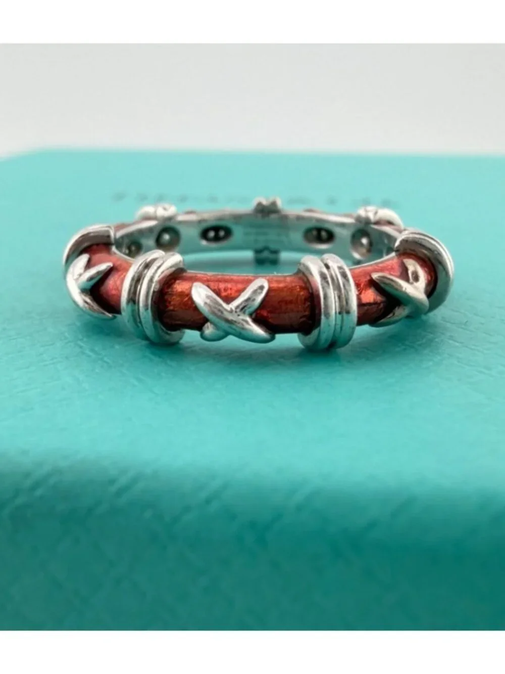 Tiffany & Co. Schlumberger Croisillon Ring Red Paillonne Enamel 18k Gold Sz 5.5